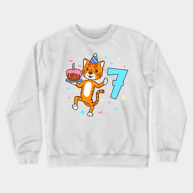 I am 7 with tiger - boy birthday 7 years old Crewneck Sweatshirt by Modern Medieval Design